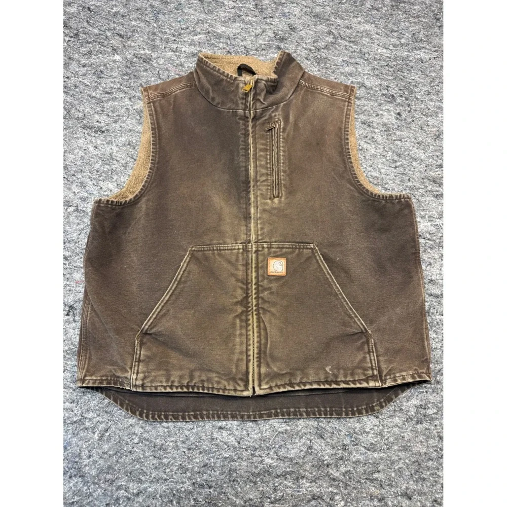 Carhartt V33 DKB Mock Neck Sherpa Lined Sandstone Duck Vest Mens Large Brown